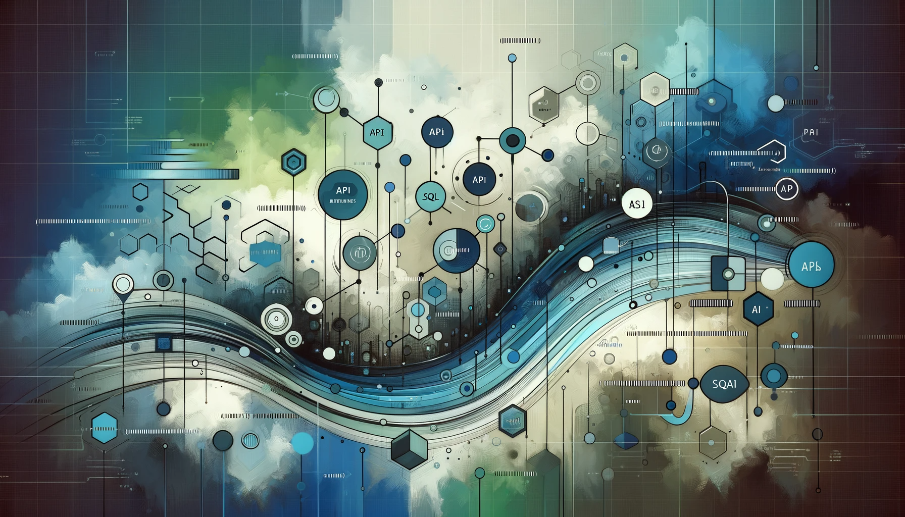 Des symboles qui illustrent certains outils de programmation tels que SQL et les API.